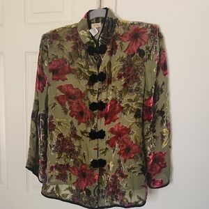 Mina Collections Silk And Rayon Light Silky Floral Green Button Jacket Size M